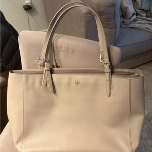 Tory Burch Neutral Beige Leather Double-Handle Tote